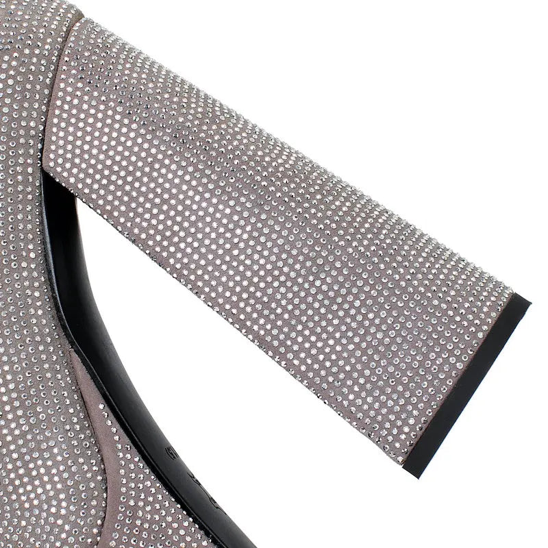 Fashion Crystal Women Ankle Boots Platform Suqare High Heel Punk Boots Full Suede Autumn Winter Woman Motorcycle Boots