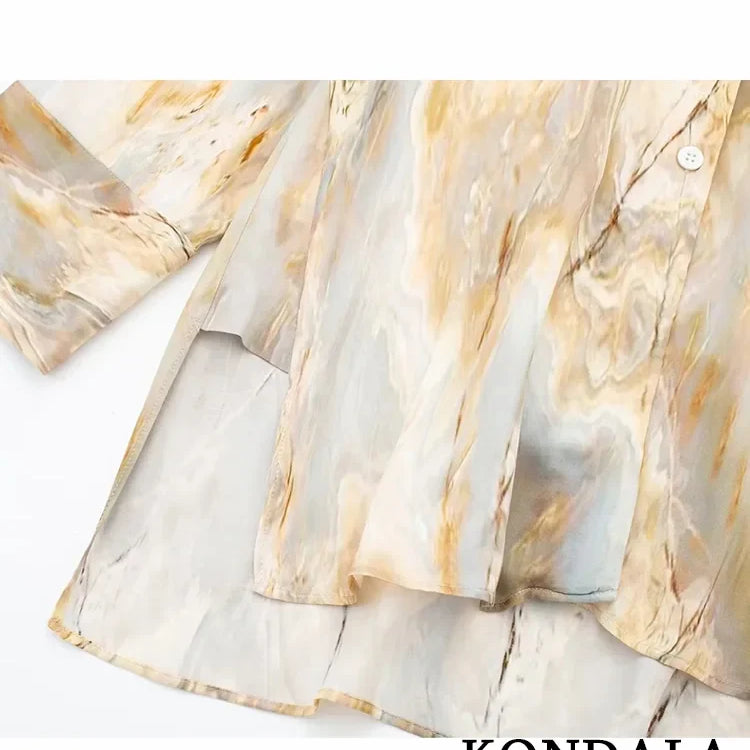 KONDALA Vintage Tie Dye Print Women Suit V-Neck Long Sleeve V Neck Shirts+High Waist Straight Loose Pants Fashion Sets