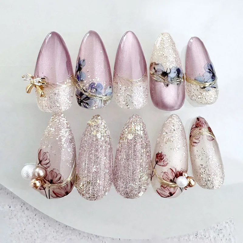 24Pcs Pink Gradient Almond Fake Nails Press on With Pearl Rhinestone Design False Nails Bow Flower Pattern Full Cover Nails Tips