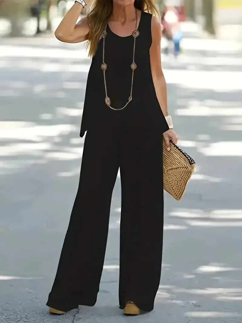 1XL-8XL Plus Size Women's Casual Outfits Two Piece Set Solid Round Neck Tank Top Wide Leg Pants Outfits 2 Piece Set