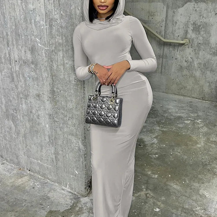Women 2024 Autumn Winter Fashion Long Sleeve Streetwear Hooded Bodycon Long Dress Wholesale Items For Business