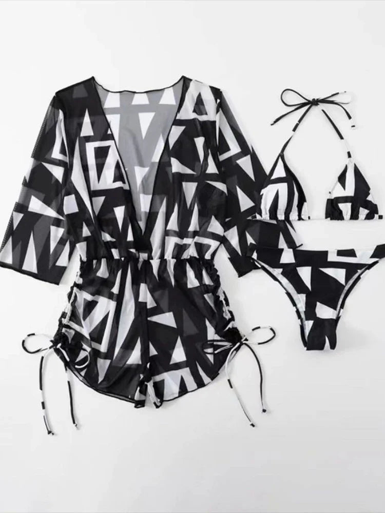 3 Pieces Bikini Tropical Print Swimsuit Halter Drawstring Side Swimwear Women 2023 Bathing Suit Female Swimming Summer Beachwear Black 1
