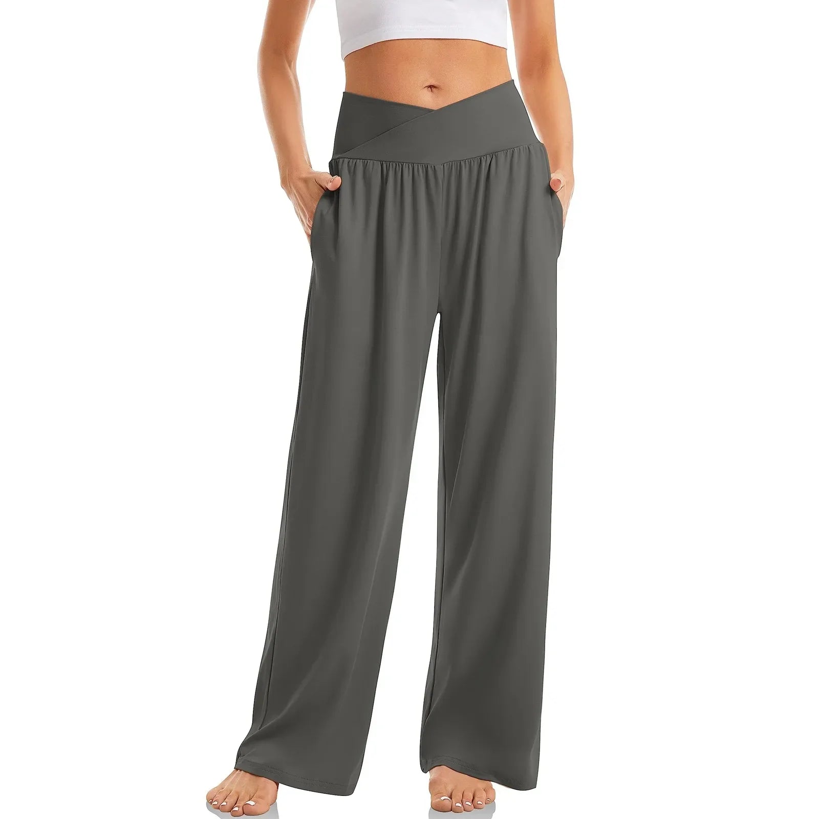 Women's High Waist Solid Color Casual Trousers Wide Leg Sports Pants With Pockets Dark Gray