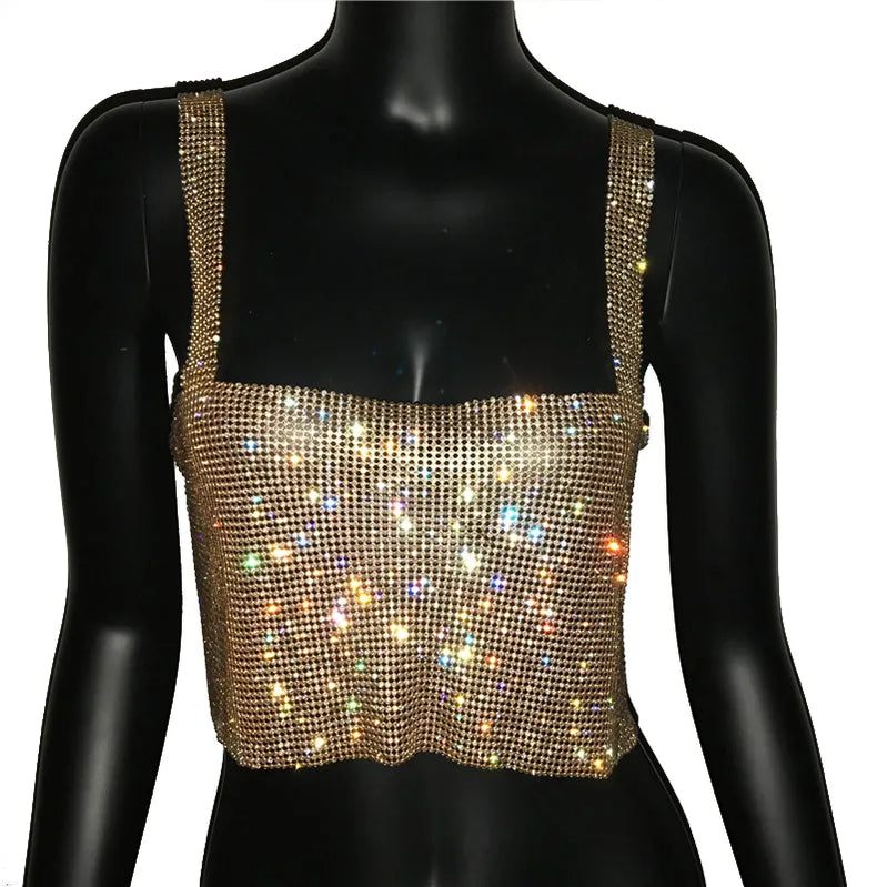 Glitter Nightclub Backless Rhinestone Tank Top Women Sexy Metal Crystal Diamonds Sequined Night Club Party Wear Crop Top Gold