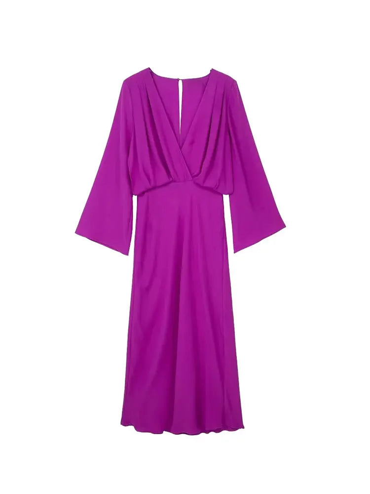 Bohemian Solid V-Neck Dress Women Elegant Flared Sleeve Female Midi Dresses New Spring Loose Beachwear Vintage Casual Vestidos PURPLE