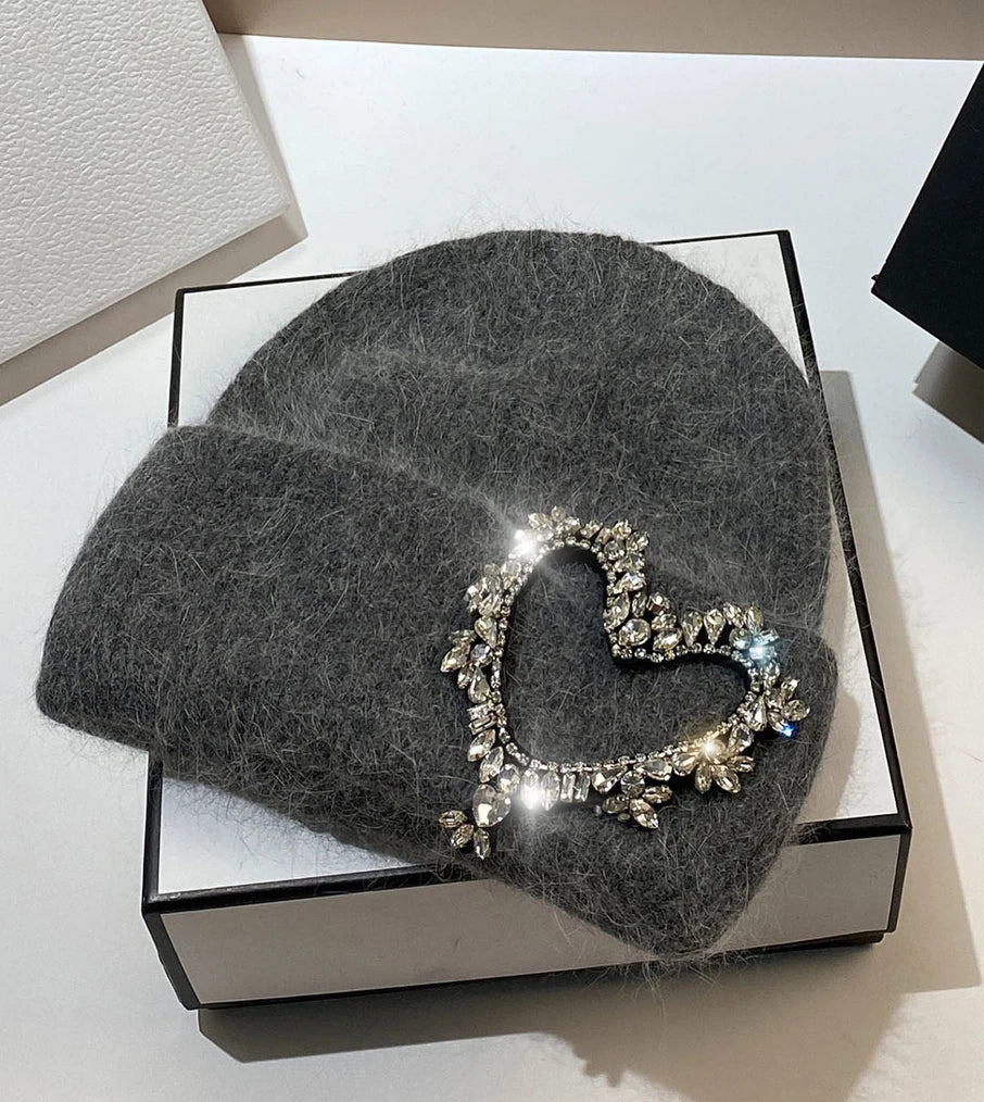 Luxury Heart Rhinestone Winter Beanies Women Solid Color Real Rabbit Fur Knitted Hat Lady Fashion Warm Pullover Caps Gifts dark gray Adult