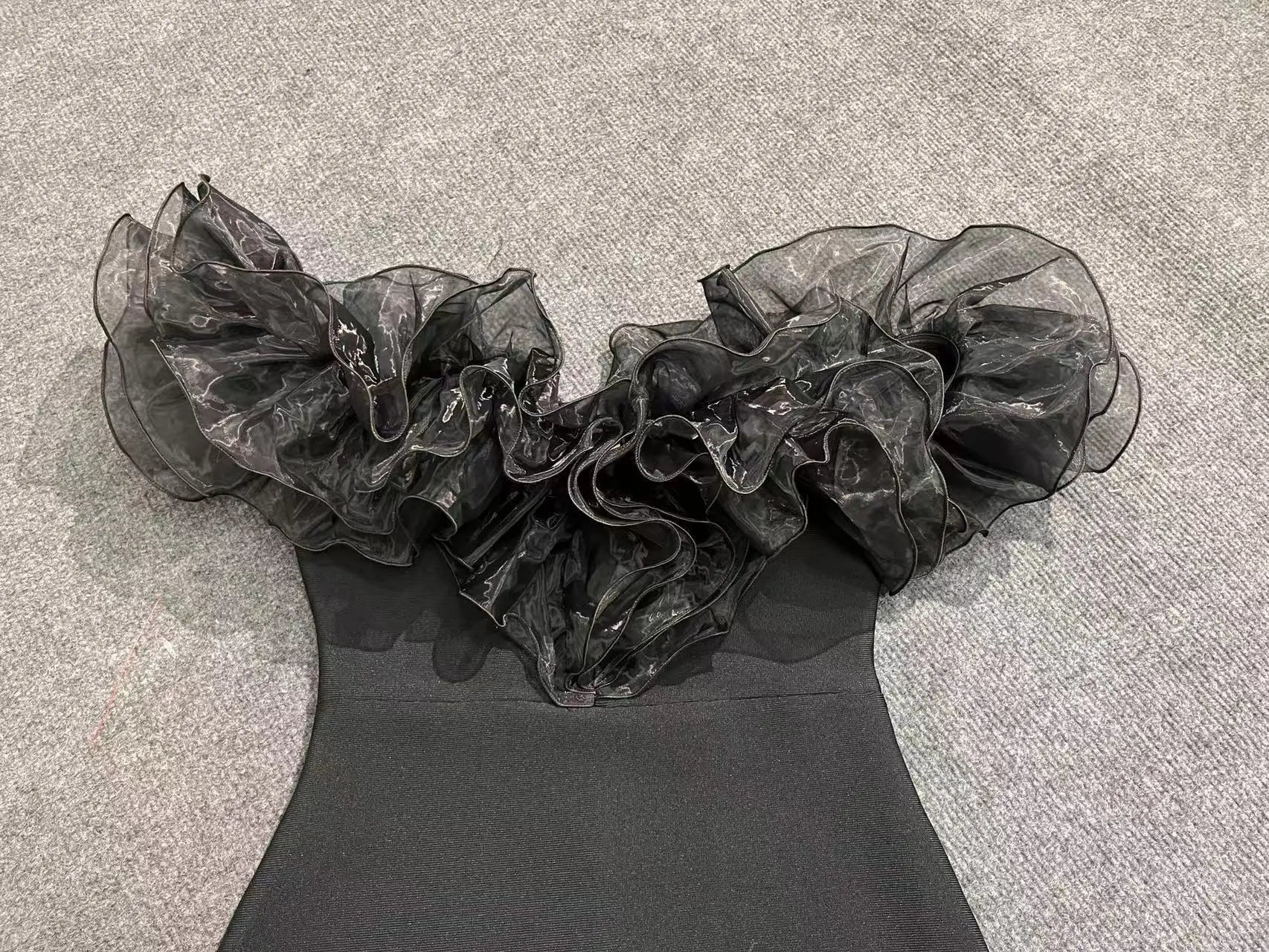 Women Slash Neck Ruffles Bodycon Bandage Mid-calf Dress Celebrate Nightclub Party Birthday Outfit Wholesale