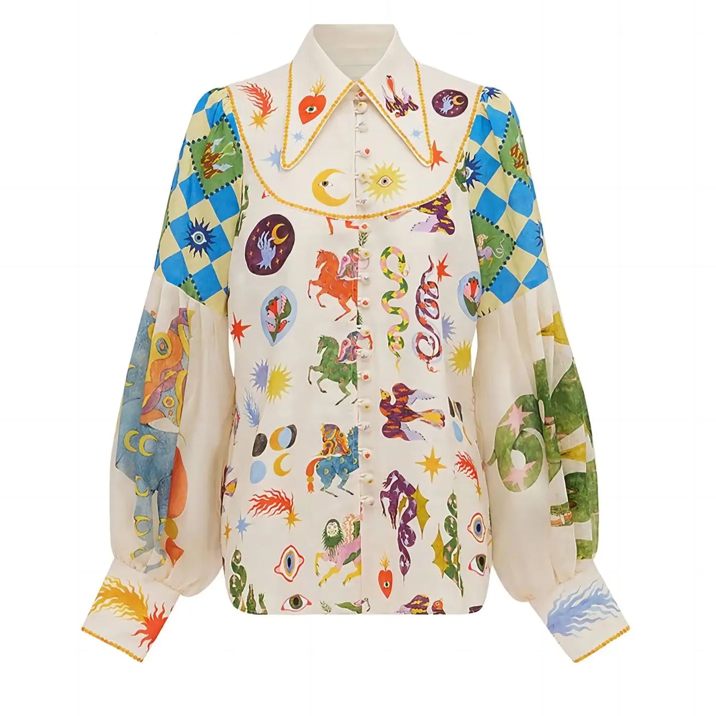 Women's Print Shirt Turn-down Collar Single Breasted Puff Long Sleeve Shirts Autumn Chic Office Lady Blusa Feminina Tops