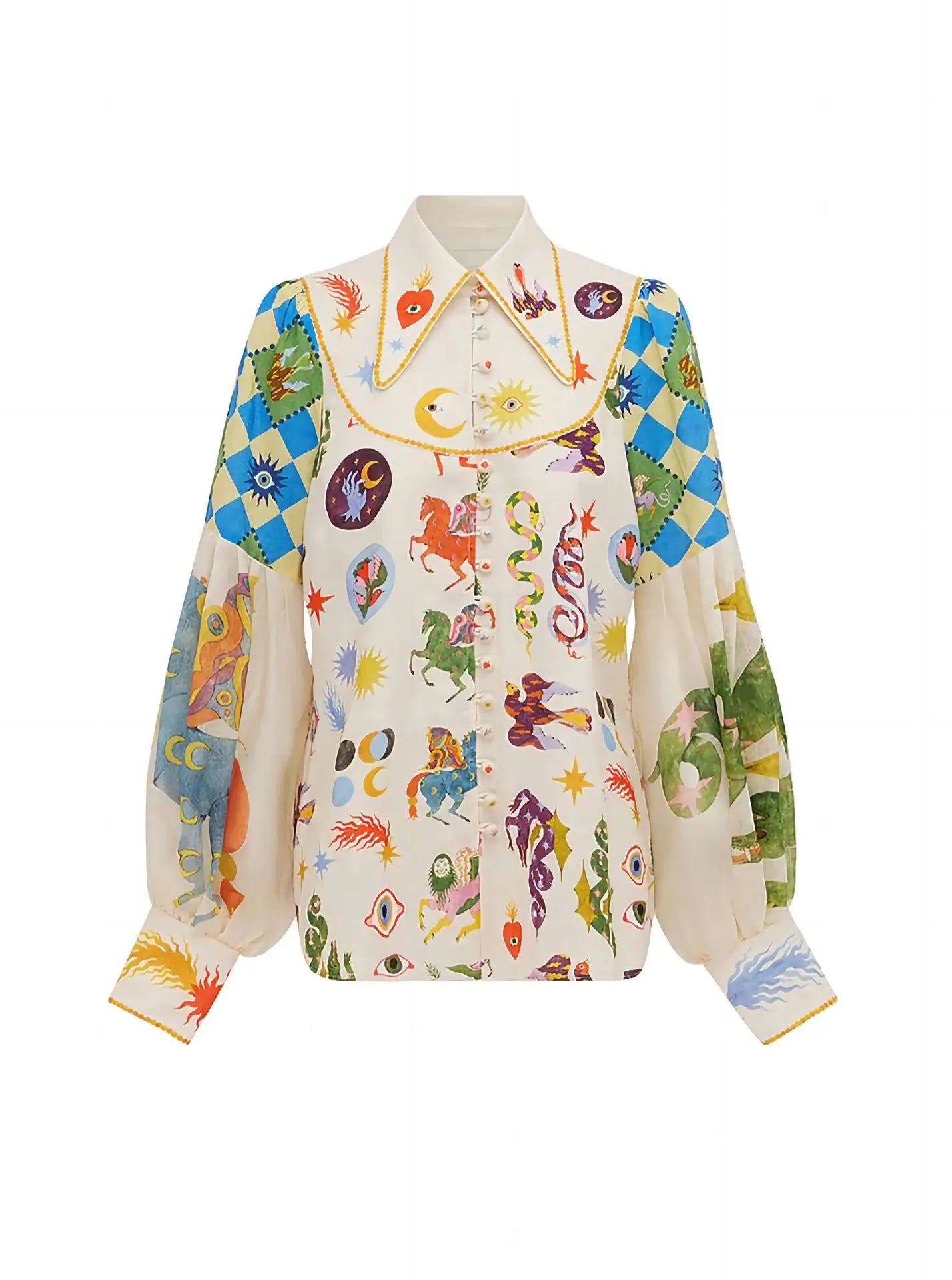 Women's Print Shirt Turn-down Collar Single Breasted Puff Long Sleeve Shirts Autumn Chic Office Lady Blusa Feminina Tops