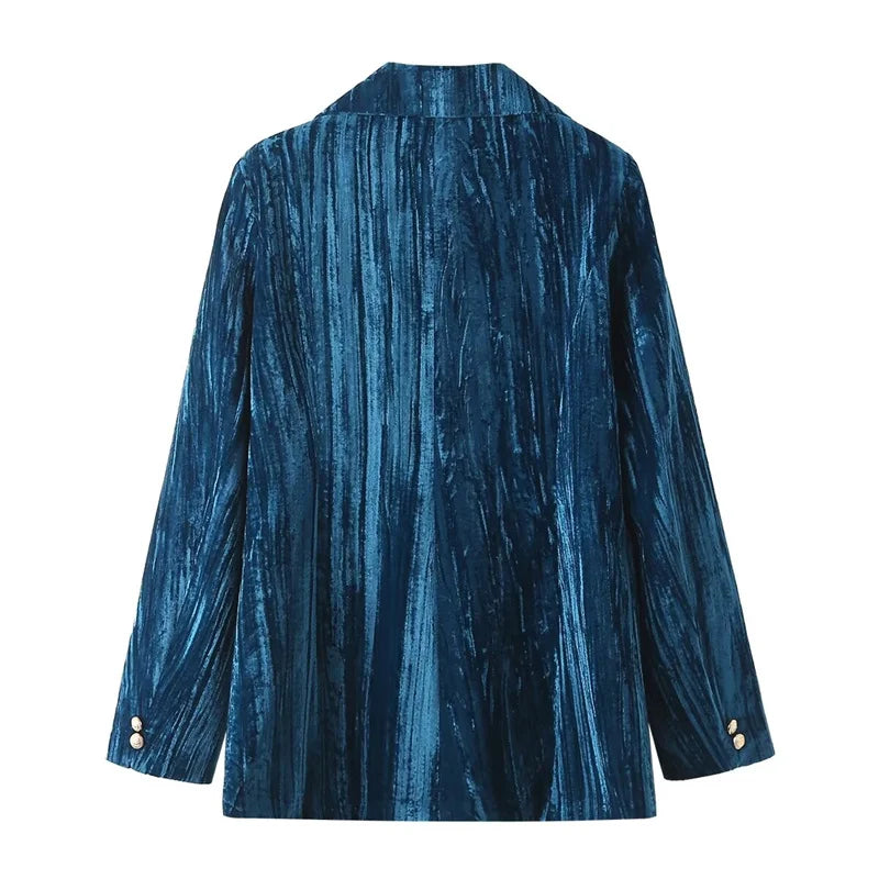 Women's Velvet Suit Jacket Flap Pockets Double Breasted Fashion Retro Office Lady Outerwear Coat Top