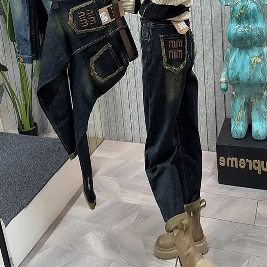 Y2k Jeans Women's Jeans Large Size High Waist Lean Elastic Thick Design Retro Fashion Women's Pants Harun Pants Vintage blue