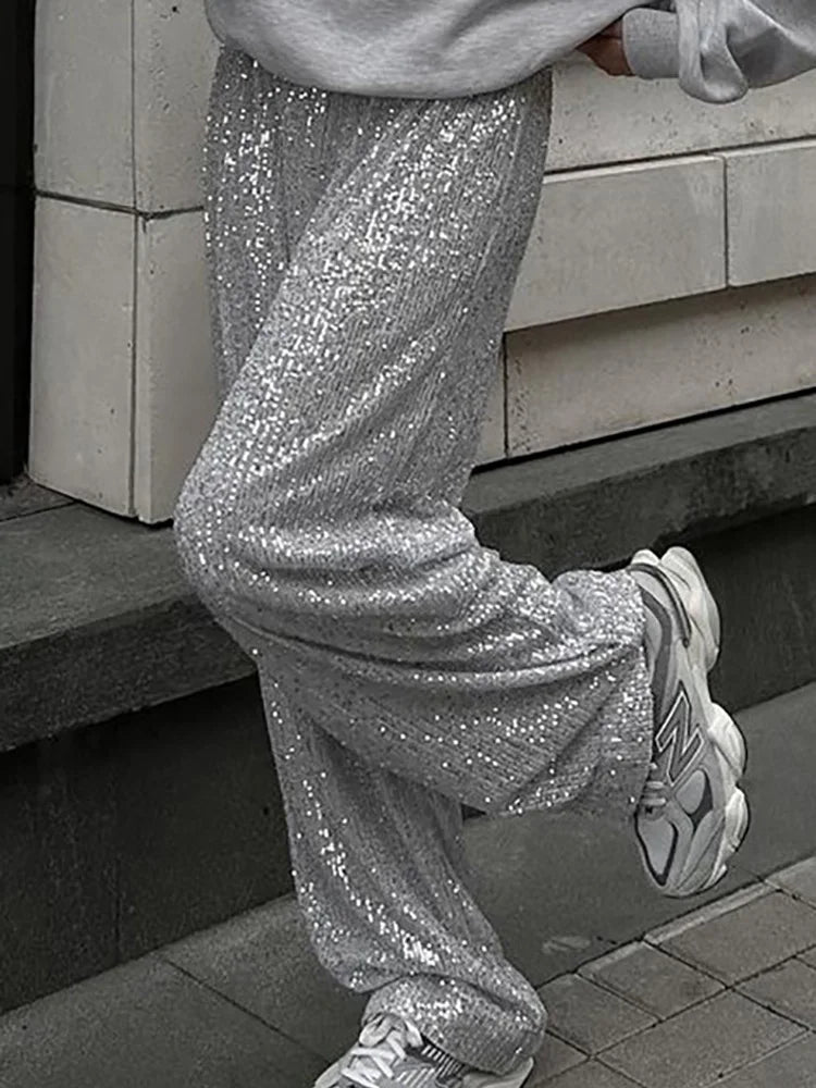 Loose Fit Elastic Waist Sequined Pants Casual Women Patchwork Silver Long Pants All Matching Femme Floor Length Pants