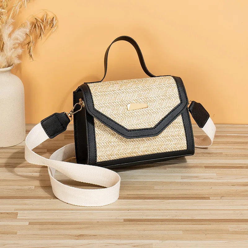 Straw Woven Handbag, Trendy and Fashionable, Simple Woven Sequin Decoration, Cross Body Small Square Bag Bags for Women black