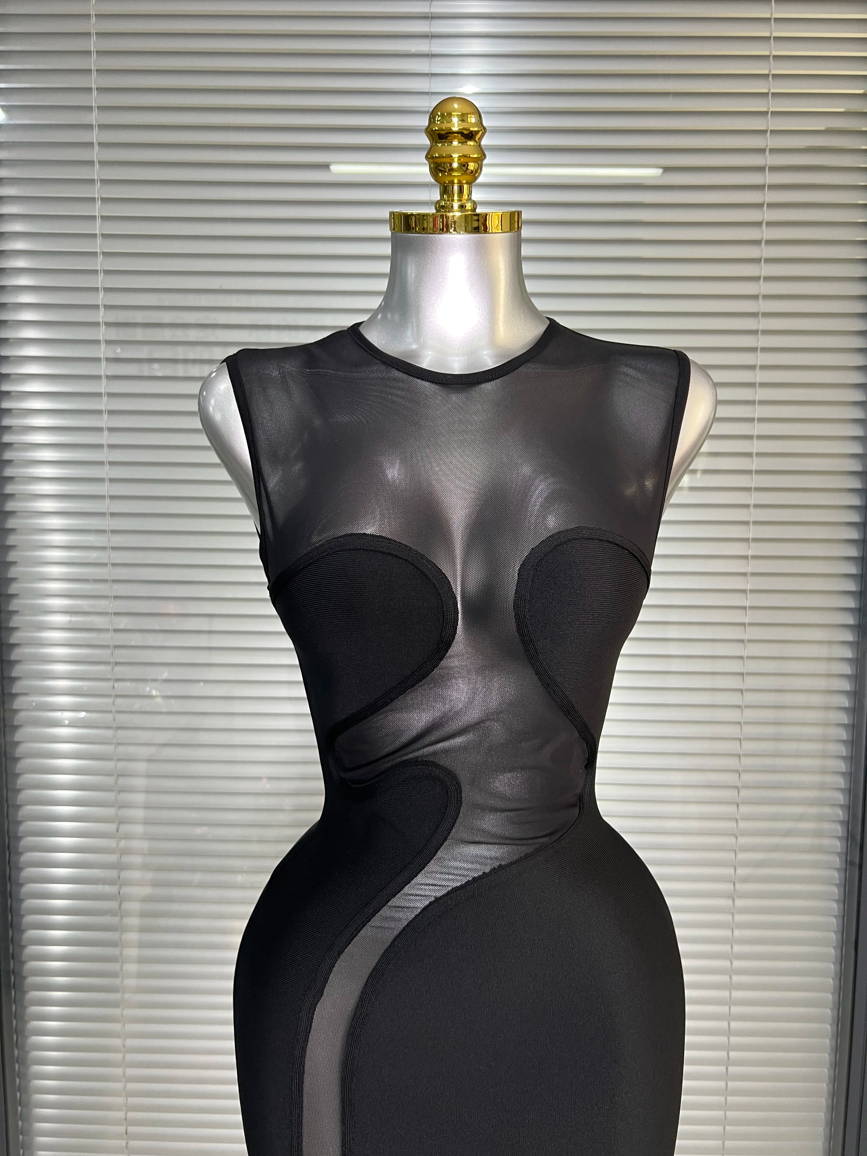 Ins New Women Black White Long Bodycon Bandage Dress Knitted Mesh Tank Evening Party Dress Vestido