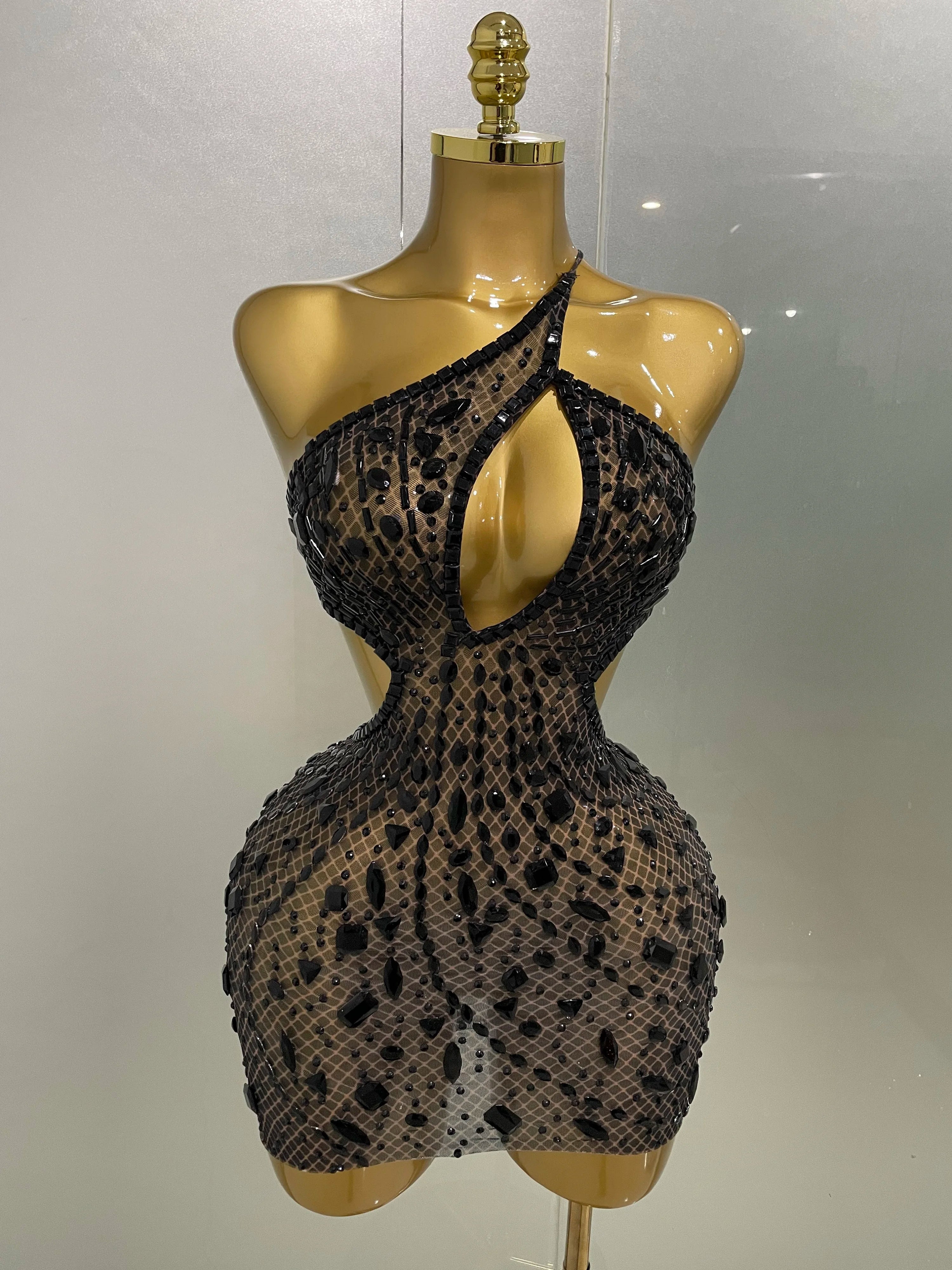 Stock Women Sparkly Big Crystal Sexy Off the Shoulder Mesh See Through Mini Dress Nightclub Party Celebrate Birthday Dress