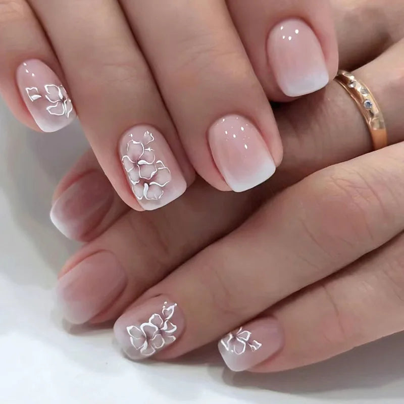 24 peças unhas postiças curtas redondas azul-francês brilhante pérola branco ondulado amor coração cobertura total destacável pontas de pressão