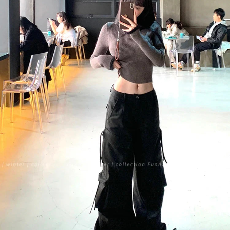 Spring Autumn Cool Handsome Baggy Black Pu Leather Straight Cargo Pants for Women Many Pockets Luxury Designer Clothes