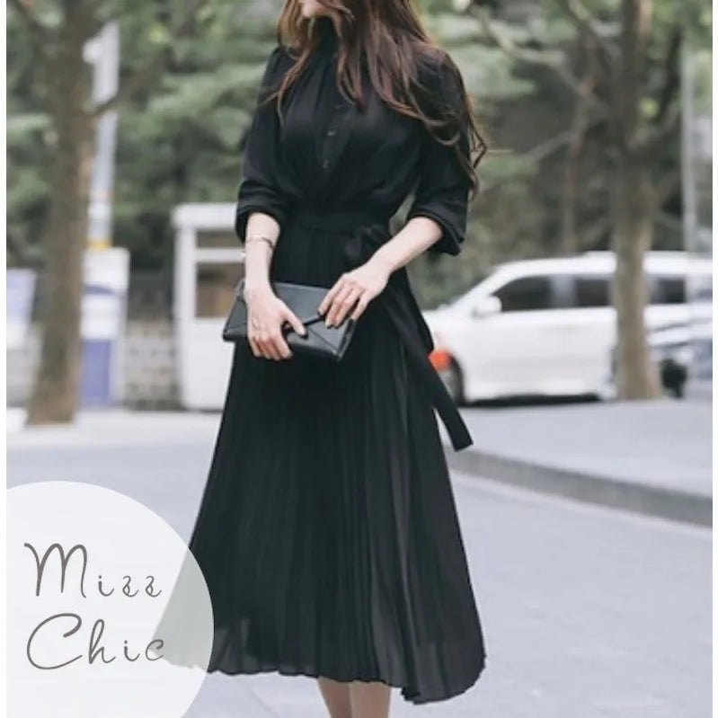 Elegant Chiffon Long Sleeve Shirt Dress Korean Fashion Women Belt Lace Up A-line Pleated Maxi Dress 2023 Fall Clothes Streetwear
