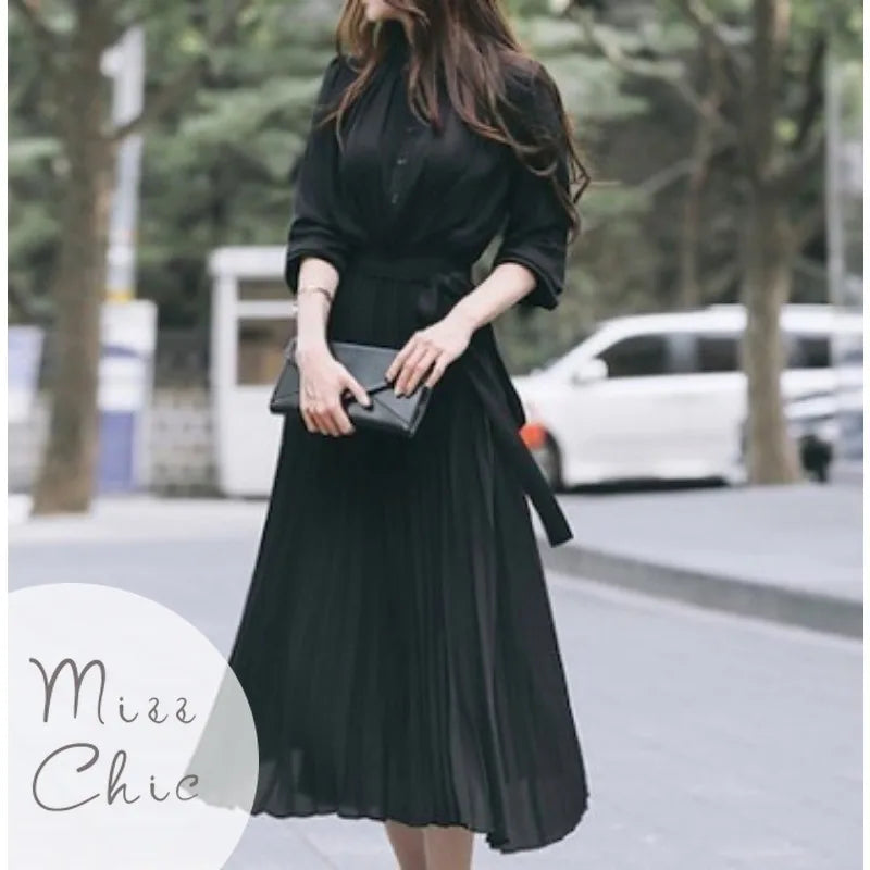 Elegant Chiffon Long Sleeve Shirt Dress Korean Fashion Women Belt Lace Up A-line Pleated Maxi Dress 2023 Fall Clothes Streetwear