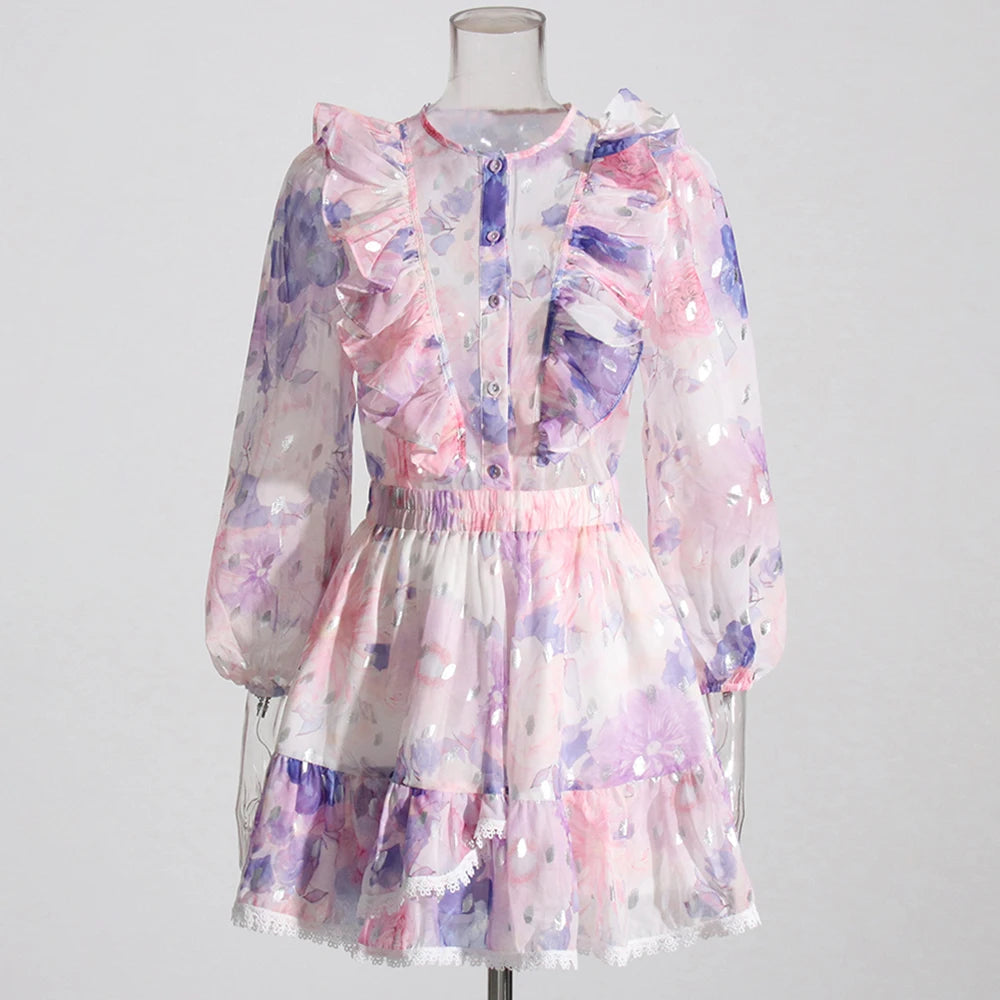 Conjunto colorido de duas peças para mulheres, gola redonda, manga comprida, top, cintura alta, mini saias, conjunto de malha para o verão, roupas femininas 2024