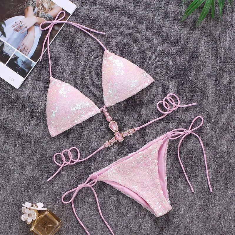Shiny Sexy Bikinis Swimsuit With Rhinestones Women Swimwear Female Push Up Bikini Beach Swim Wear Bathing Suits Pool Bather 2024 A23052402A