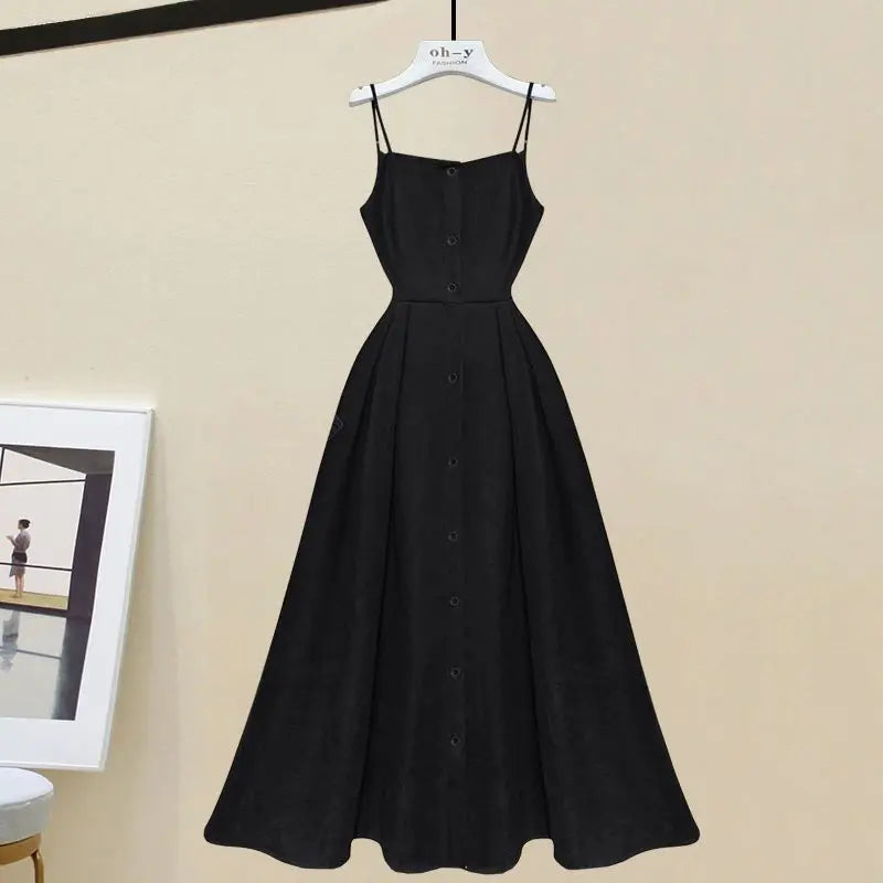 Spring and Autumn Set Women's New Waist Shrinking and Age Reducing Knitted Shirt Top Hanging Dress Two Piece Set Black dress