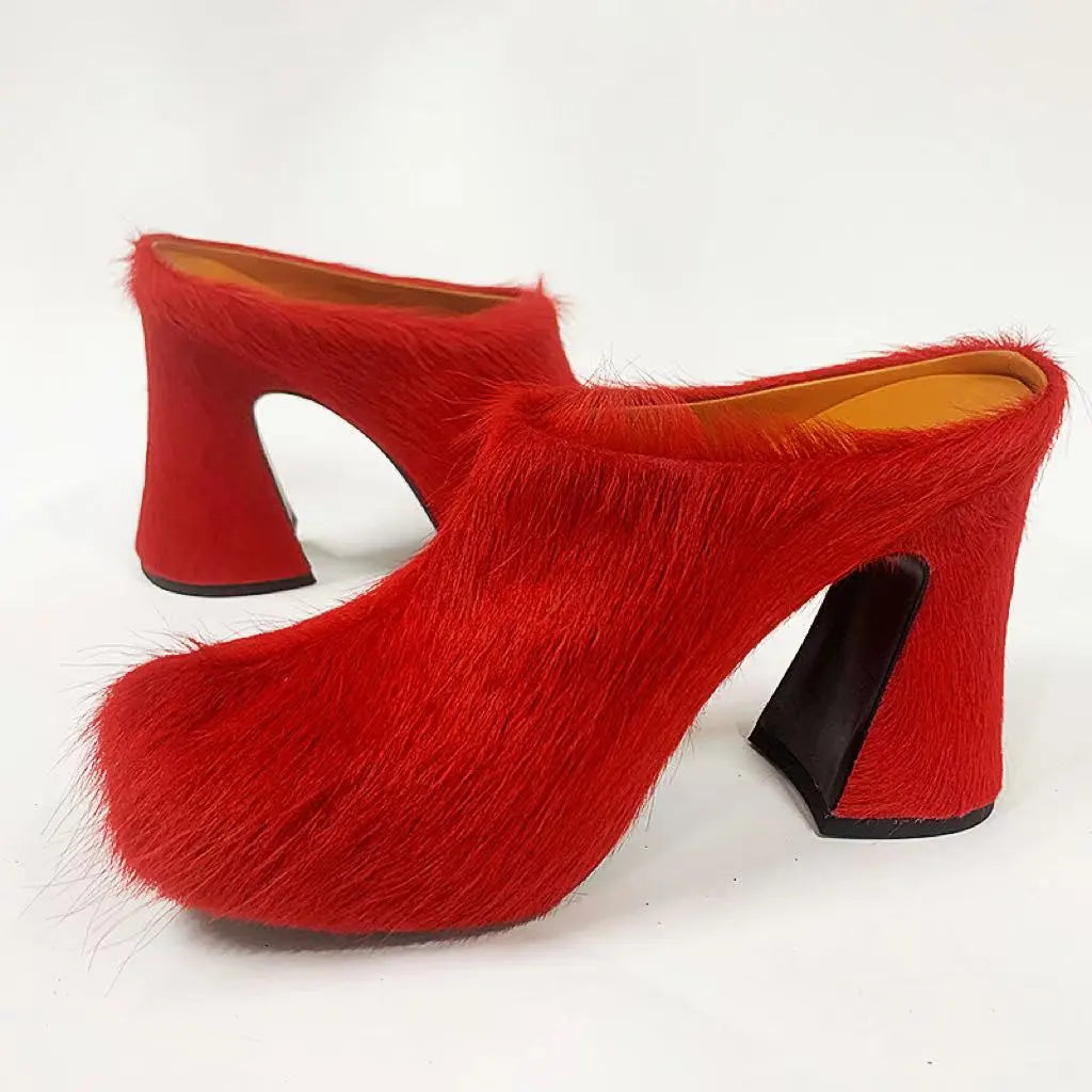 Fur Leather High Heels Women 2024 Designer Elegant Platform Women Mules Slipper Shoes For Wedding Party Dress Shoes