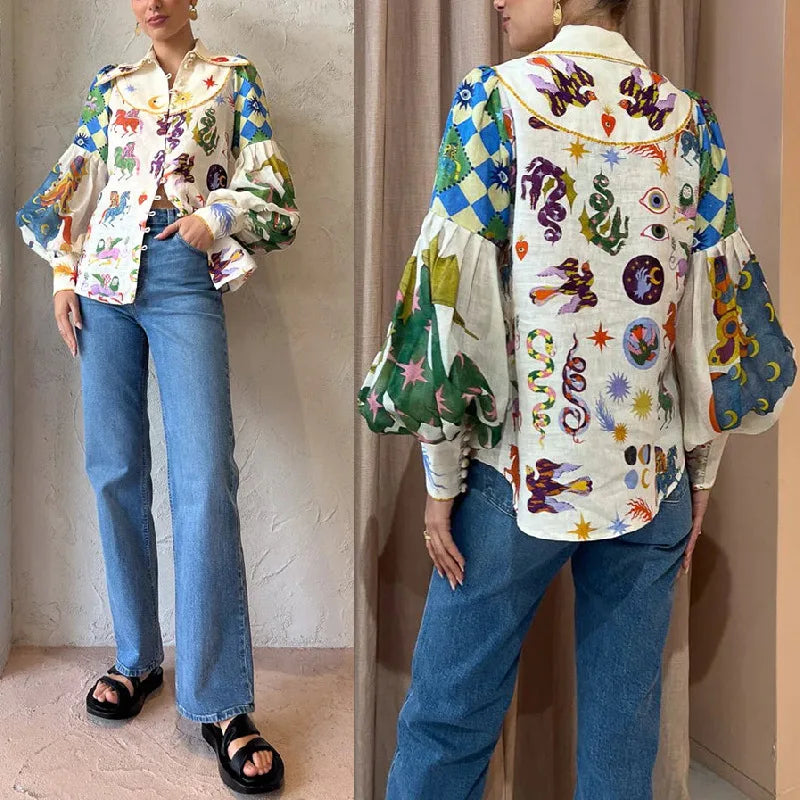 Women's Print Shirt Turn-down Collar Single Breasted Puff Long Sleeve Shirts Autumn Chic Office Lady Blusa Feminina Tops