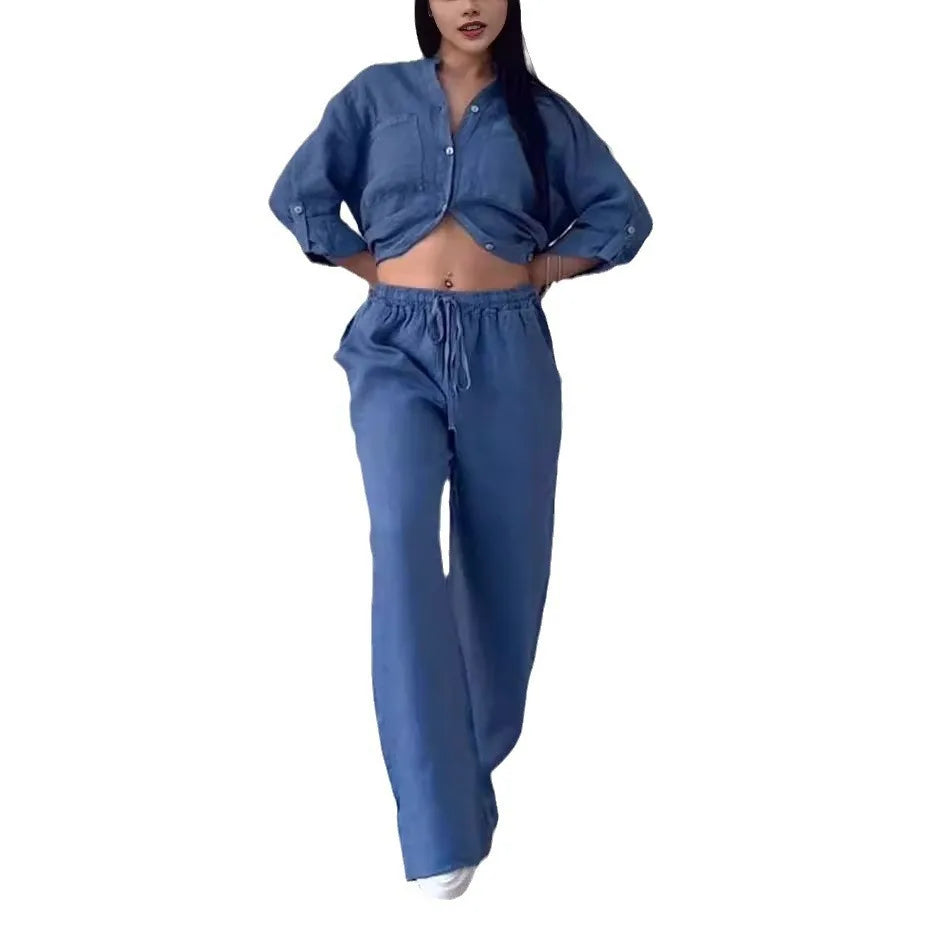 Women Plus Size Two Pieces Set Drawstring Straight Elastic Waist and Long Sleeve Button Shirt Top Matching Set Linen Cotton Set