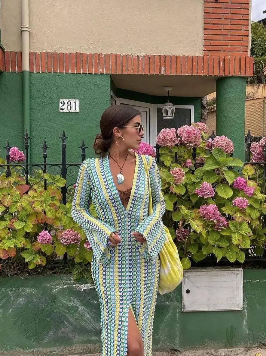 Crochet Colorful Stripe Maxi Dress Women Flare Sleeve V-neck High Split Sexy Long Dresses New Autumn Beach Banquet Vestidos