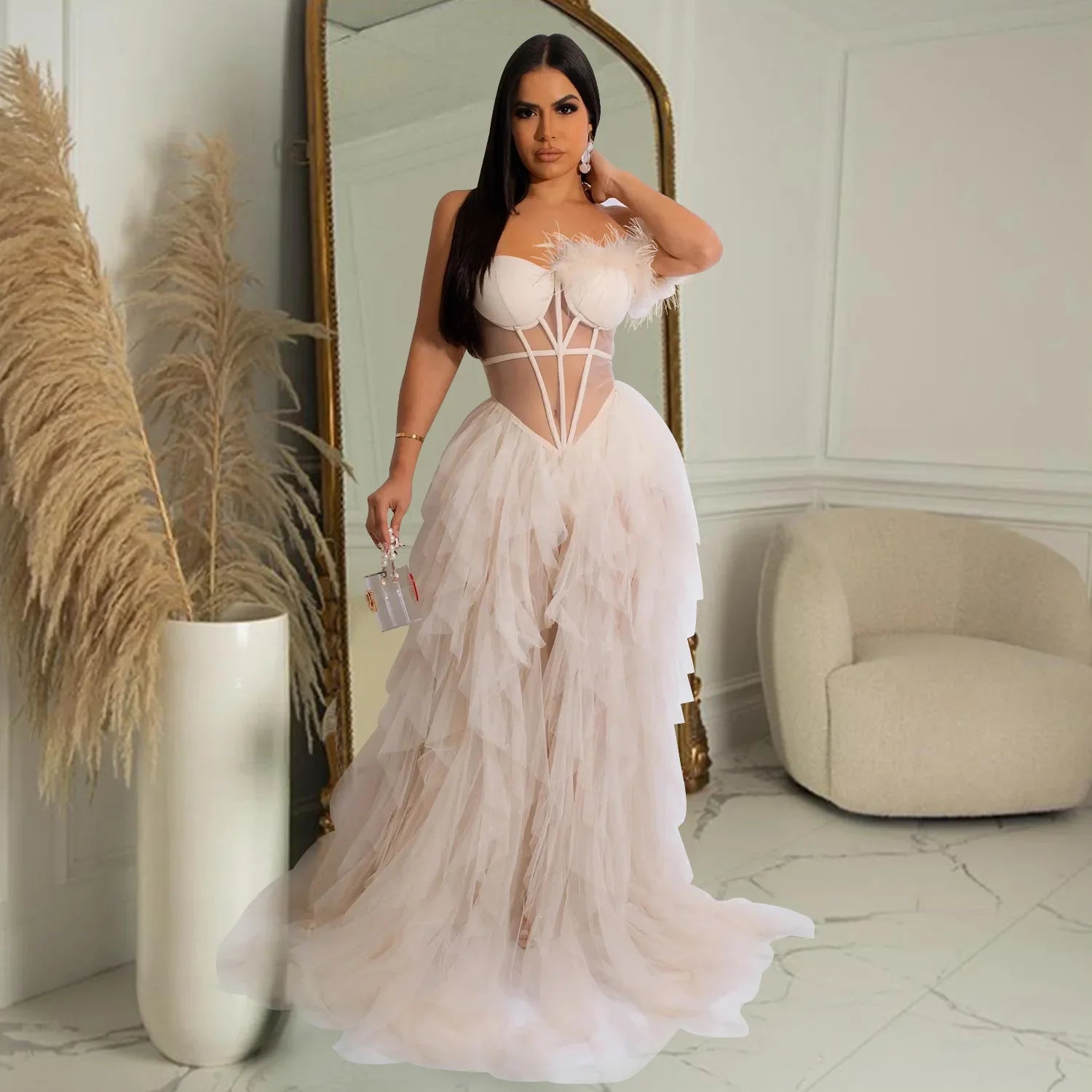 CM.YAYA Women Tierred Mesh See Though Off Shoulder Sweetheart Collar Maxi Long Floor Length Dress Evening Sexy Party Dresses