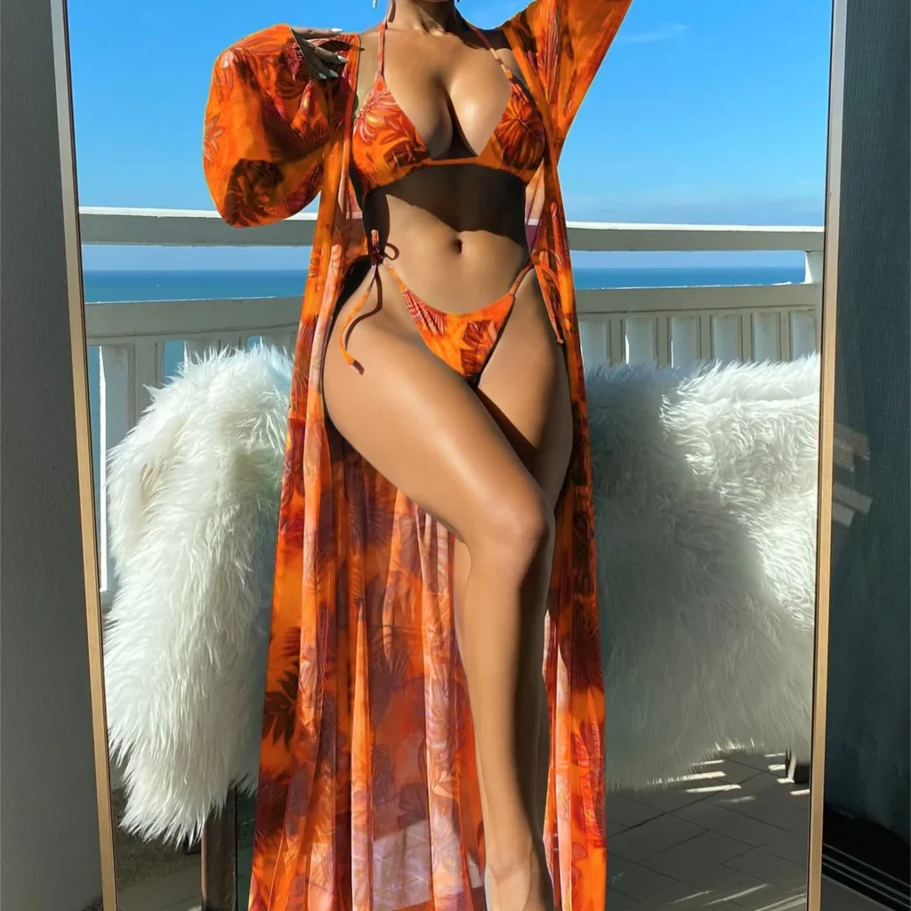 3 Pieces Triangle String Bikini Swimsuit Women & Kimono Swimwear Female Sexy Bathers Bathing Swimming Swim Suit Beachwear Orange