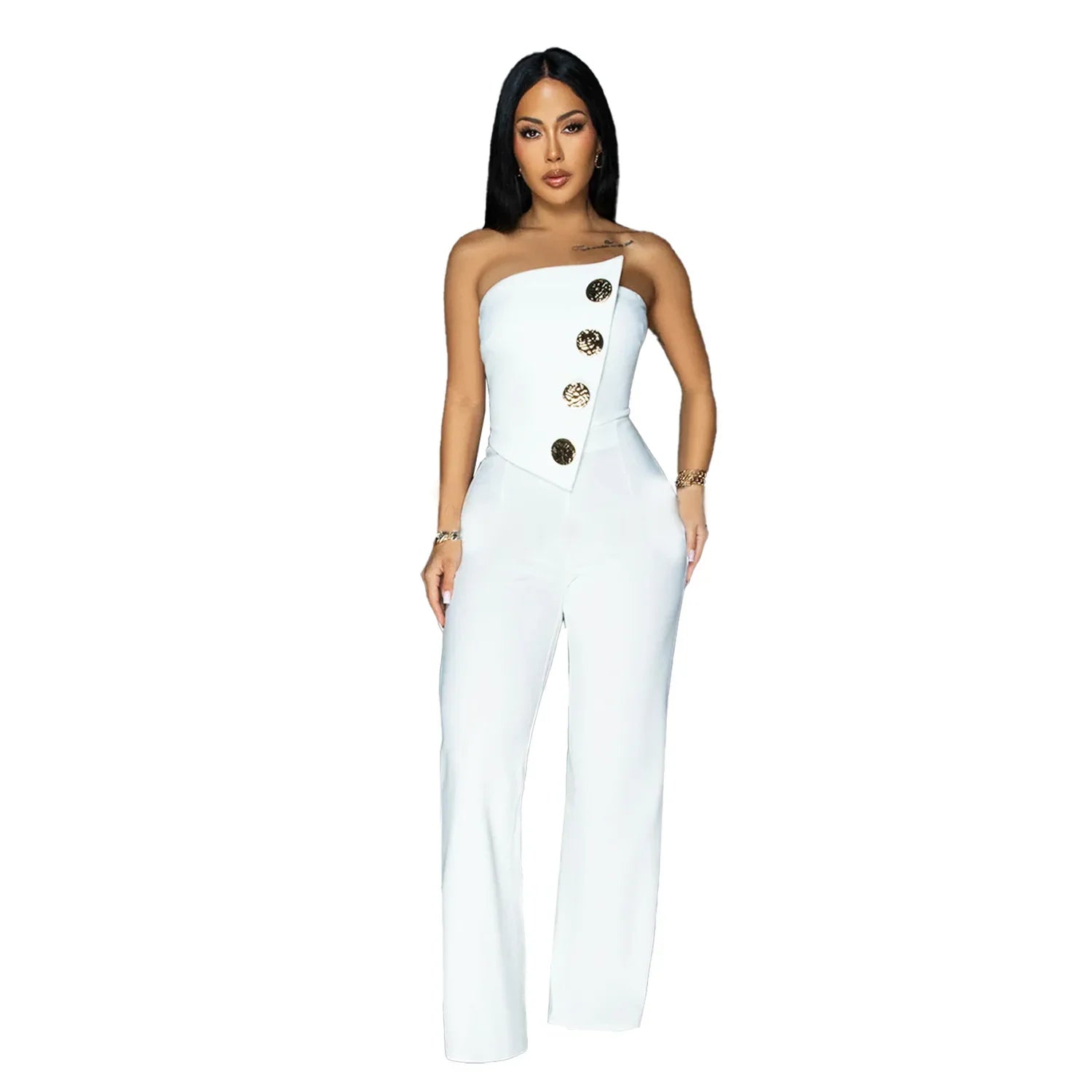 CM.YAYA Women's Elegant Button Strapless Sleeveless Irregular Girl Jumpsuits 2024 Fall Overalls Outfits Night Clubwear One Piece