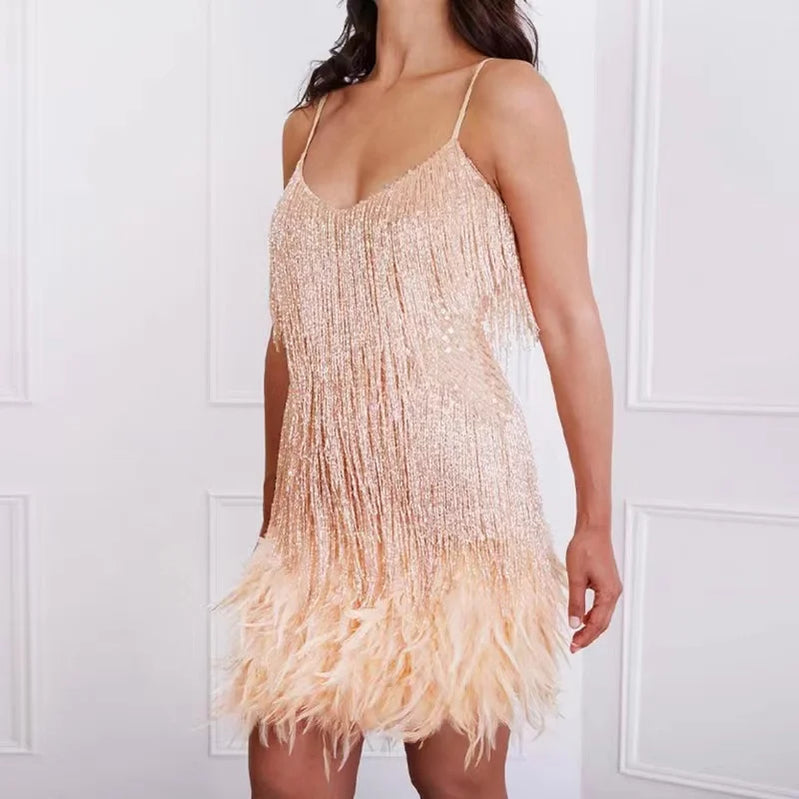 2023 New Sexy Tassel Sequins Feather Mini Dress Women Spaghetti Strap Stitching Dresses Female Elegant Evening Party Club Dress champagne LYQ63