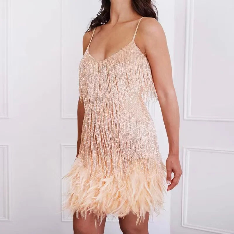 2023 New Sexy Tassel Sequins Feather Mini Dress Women Spaghetti Strap Stitching Dresses Female Elegant Evening Party Club Dress champagne LYQ63