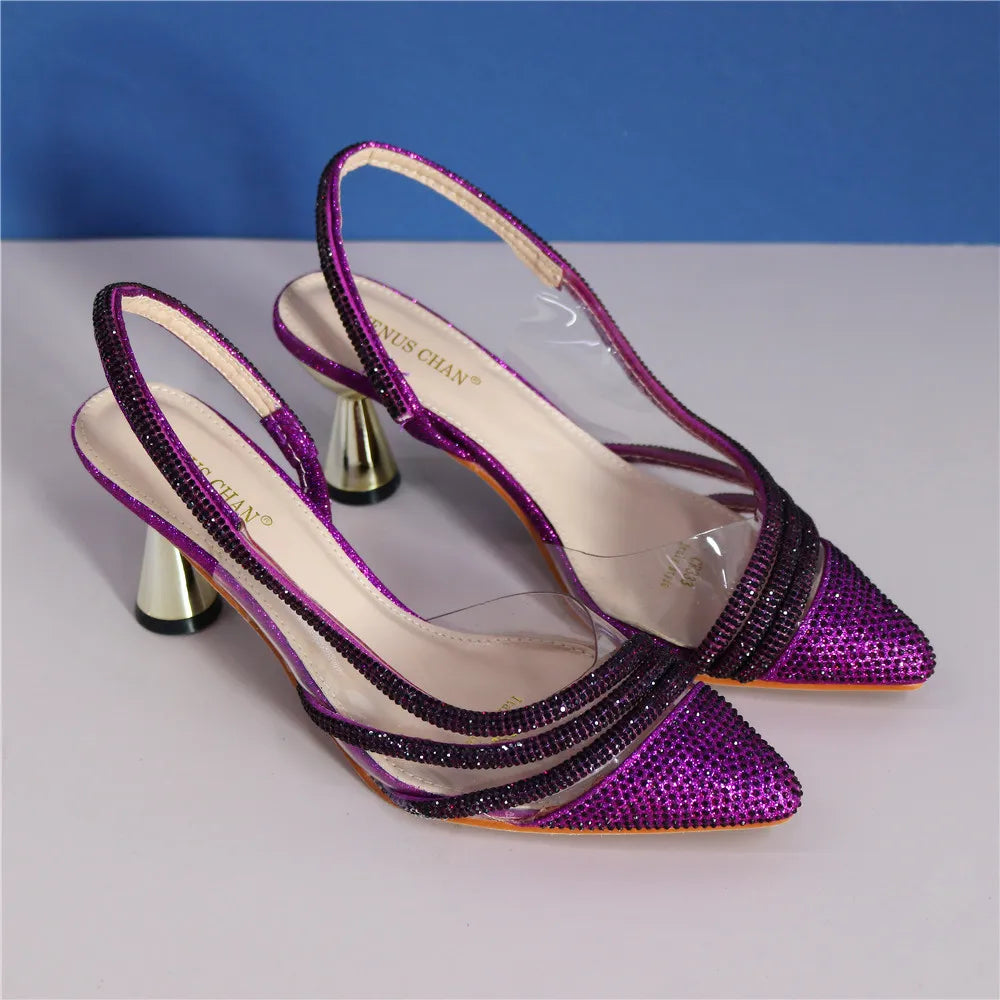 Italian Shoes Women Luxury Rhinestone Crystal Pumps Fashion Slippers Sandals Party High Heels Wedding Shoes Bride PURPLE