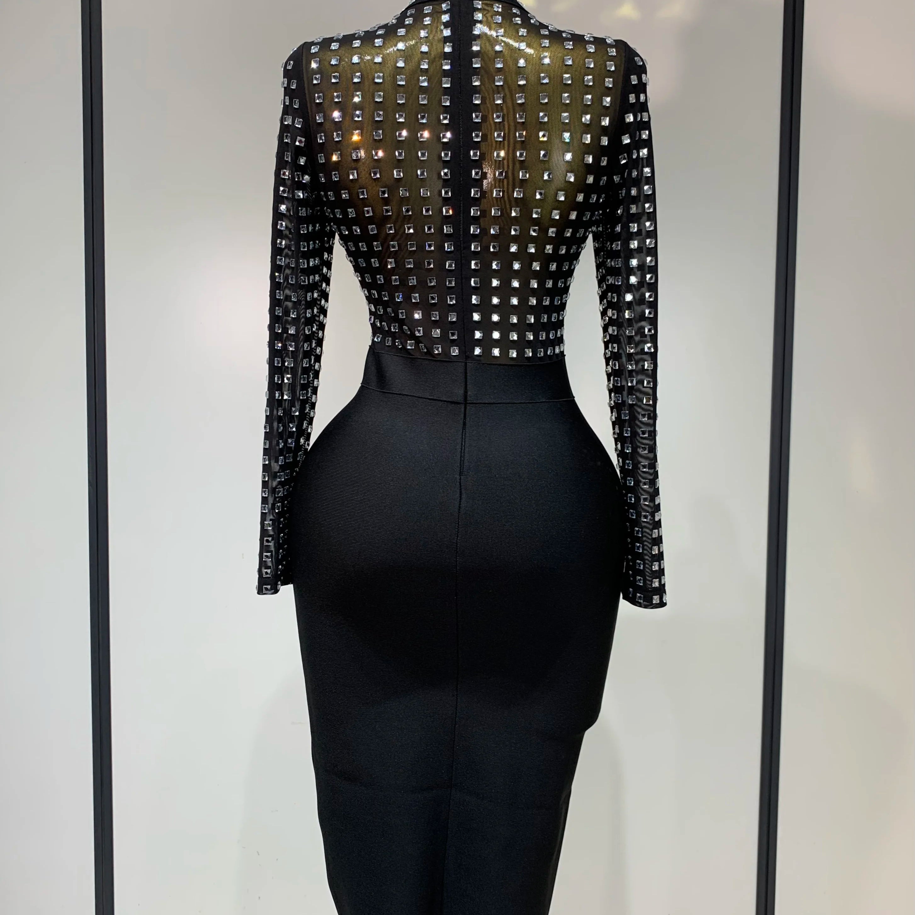 Vestido bandage bodycon de malha preta, gola alta sexy, strass, celebridade, feminino, 2025, elegante, clube noturno, vestido de aniversário de luxo