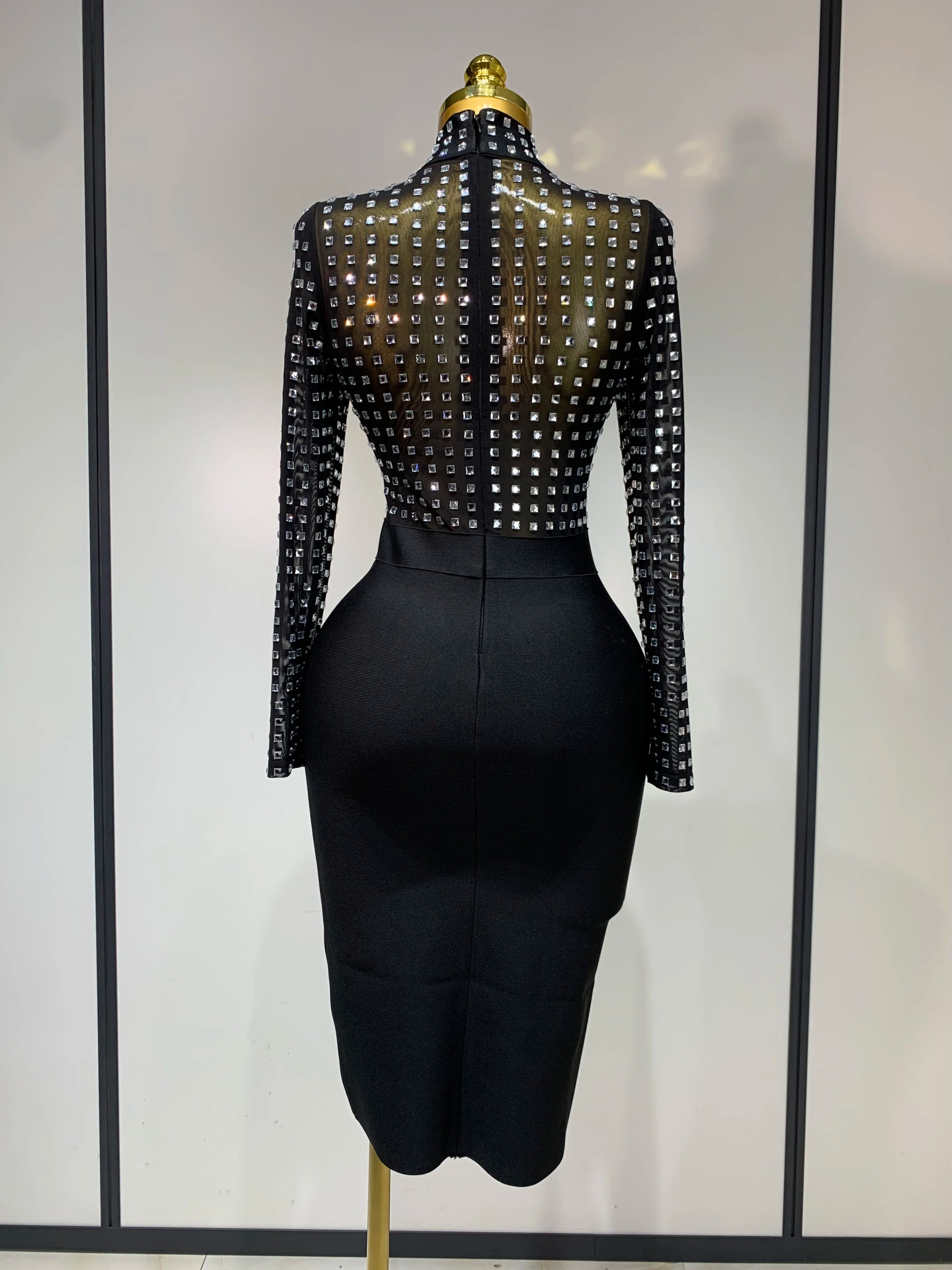 Vestido bandage bodycon de malha preta, gola alta sexy, strass, celebridade, feminino, 2025, elegante, clube noturno, vestido de aniversário de luxo