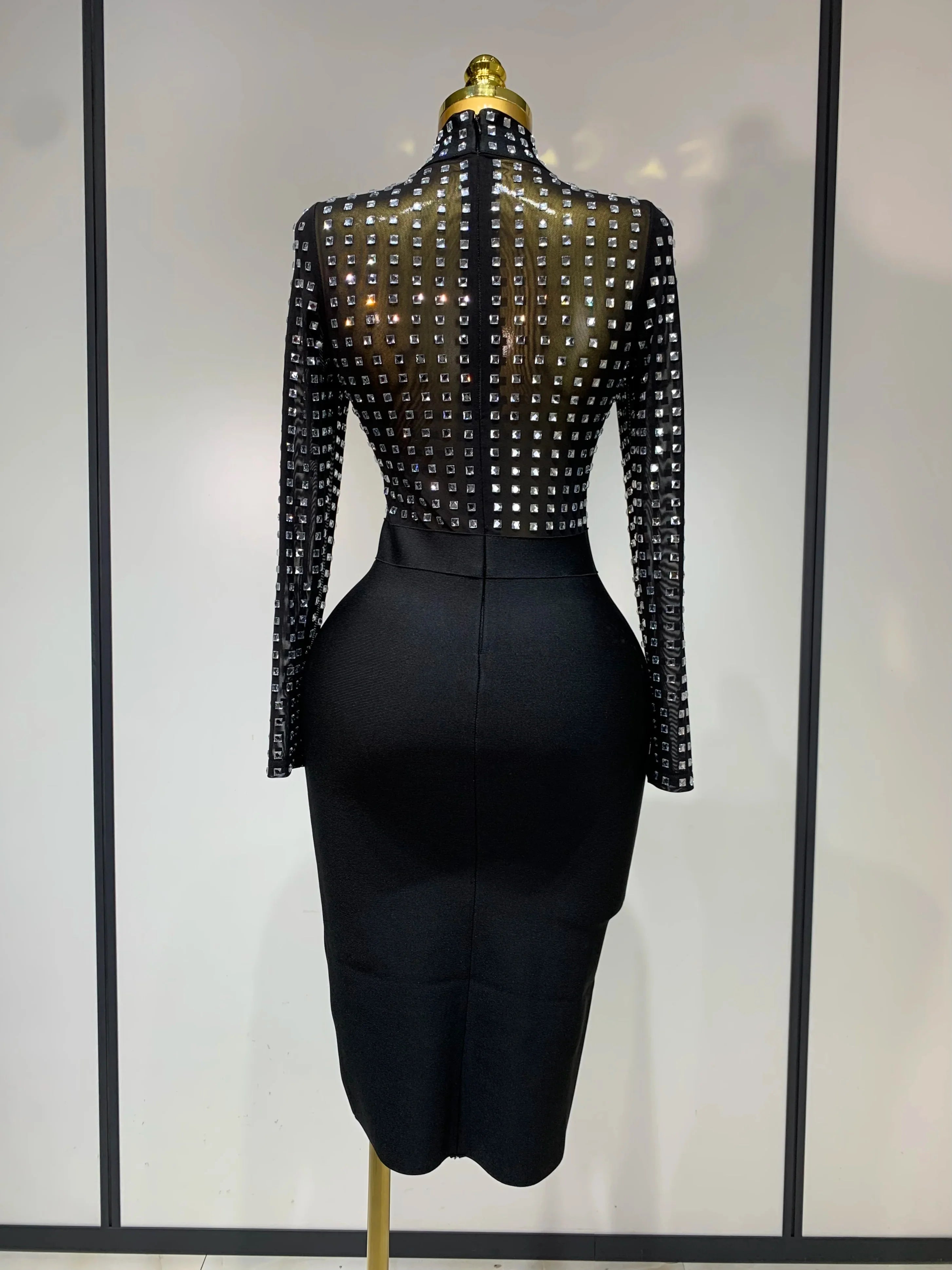 Celebrity Sexy Turtleneck Rhinestones Black Mesh Bodycon Bandage Dress Women Elegant Evening Club Luxury Birthday Dress