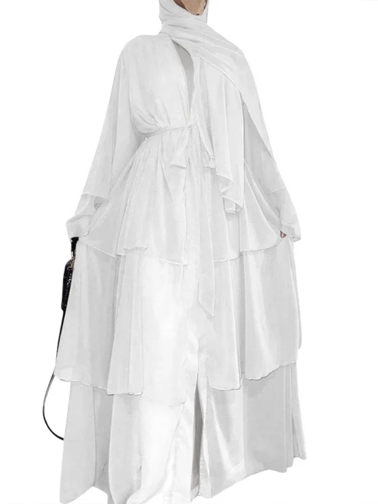 New In Women Abaya NO SCRARF(Encrypted Chiffon)Elegant Muslim Stitching Three Layer Abaya Ruffle Sleeves Cardigan Marocain Dress white