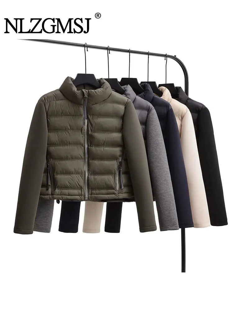 Nlzgmsj TRAF Women Fashion Side Pockets decoration Cropped Patchwork Coat Vintage Long Sleeve Zipper Outerwear Chic Tops