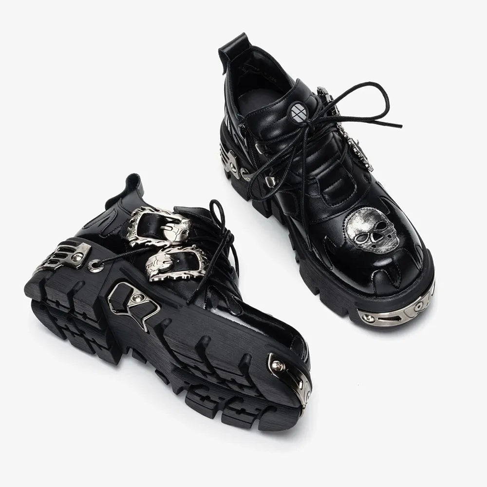 U-DOUBLE Brand Punk Style Women Shoes Lace-up heel height 6CM Platform Shoes Woman Gothic Ankle Boots Metal Decor Woman Sneakers HT301BLACK