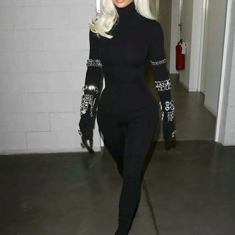 Macacão feminino chique, sexy, de manga comprida, gola alta, com contas brilhantes, preto, bandagem, 2023, designer de celebridades, macacão de rua