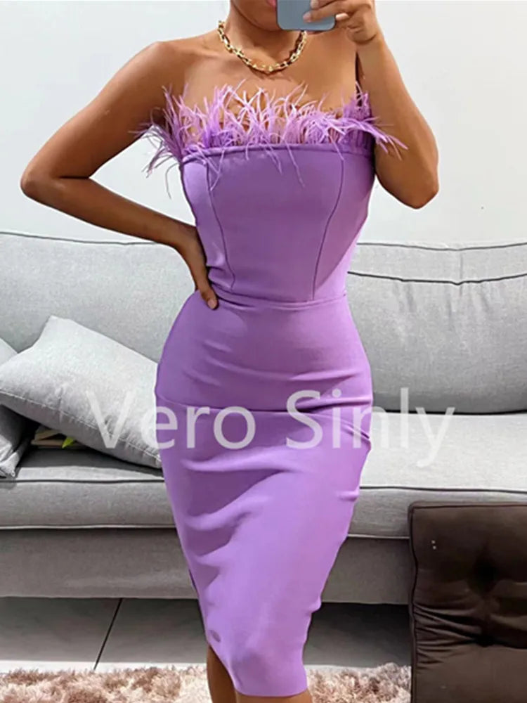 Vestido midi preto sem alças, sexy, de verão, sem costas, com penas, justo, bandagem, designer, moda festa, clube