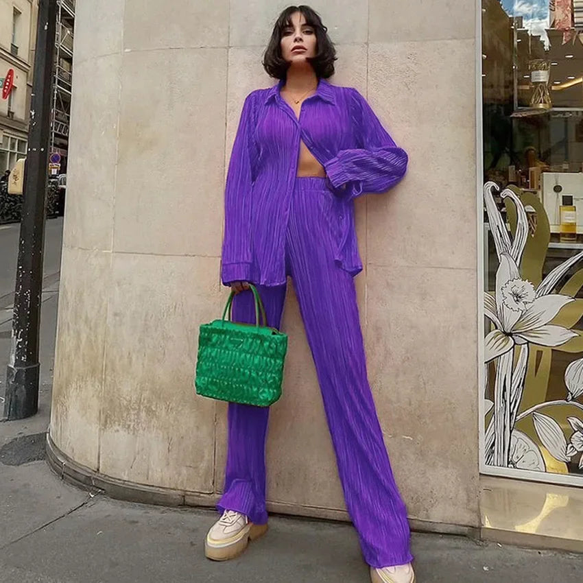 CM.YAYA Pleated Solid Women Set Long Sleeve Shirts and Straight Wide Leg Pants Suits Tracksuit Two Piece Set Fitness Outfits
