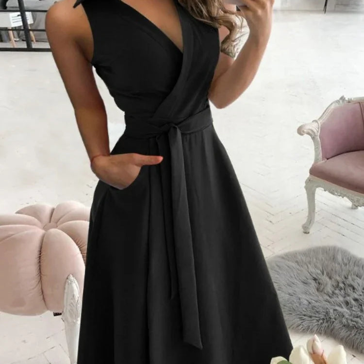 Elegant Chic Shirt Dress Summer New Fashion Sleeveless Sexy Dress V-neck Buttock Dress for Women Office Ladies Party Sundress black