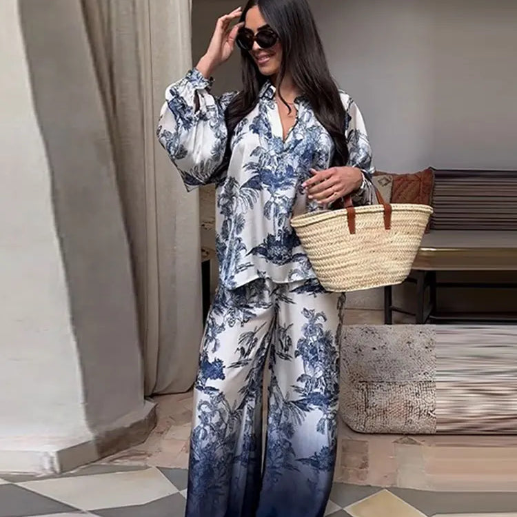 Elegant Satin Blue Print Pants 2 Piece Sets Women Fashion lantern Sleeves Shirt Wide Leg Pant Suits Loose Causal Streetwear blue
