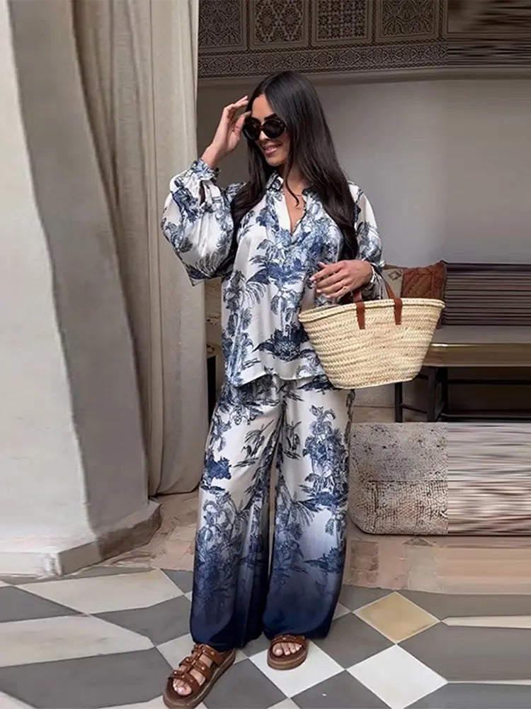 Elegant Satin Blue Print Pants 2 Piece Sets Women Fashion lantern Sleeves Shirt Wide Leg Pant Suits Loose Causal Streetwear blue