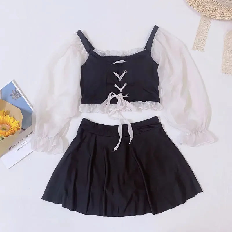 New Korean 2 Pieces Swimsuit Women Short Skirt Net Bikini Band Hollowed Out Bikini Bow High Waisted Bikini Swimwear