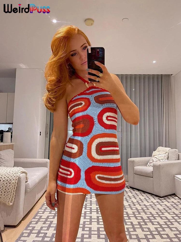 Weird Puss Fake Knit Print Dress Women Summer Fashion Backless Colorful Halter Mini Bodycon Skinny Stretch Streetwear Clothes